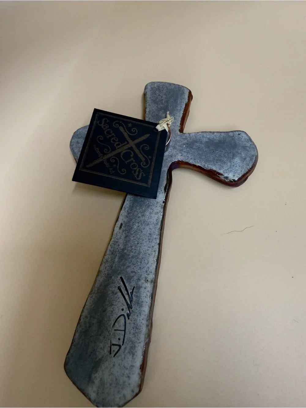 Handcrafted Jeremy Diller Raku Pottery Sacred Cross with Turquoise Heart apx 7”